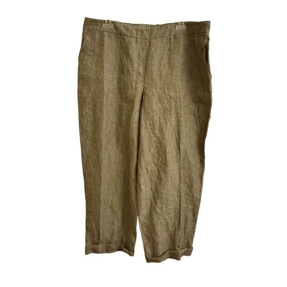 Lafayette 148 Linen Cuffed Cropped Pants Olive Green Elastic Waist XL - Picture 1 of 5